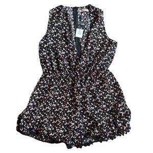 Persun Romper Shorts Black Floral Pink Faux Wrap Sleevless Elastic Waist XL New